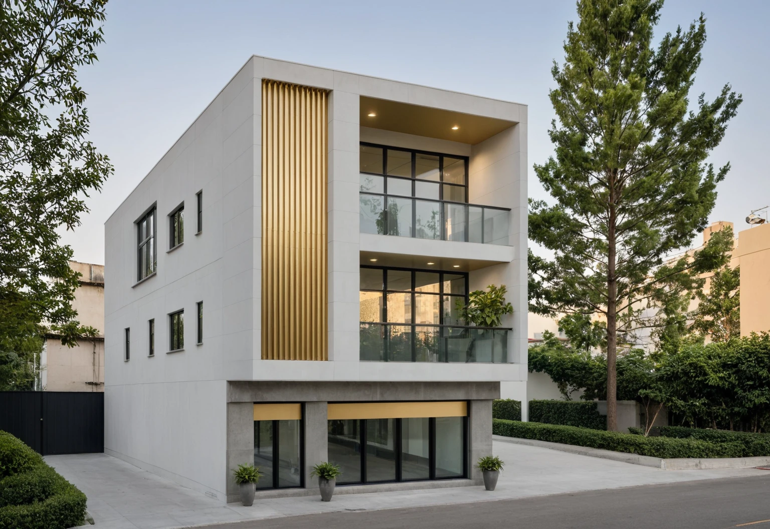 Raw photo,Masterpiece, high quality, best quality, authentic, super detail, modern style, aiaigroup,office building, decorative bars, decorative louvers, sun louvers, aluminum wall cladding, (Gold aluminum paneled facade:1.1), glass railing, outdoors, tree, building, scenery, city, road, real world location, treet, window, balcony, glass railing, on the street, minimalist line, daylight, realistic