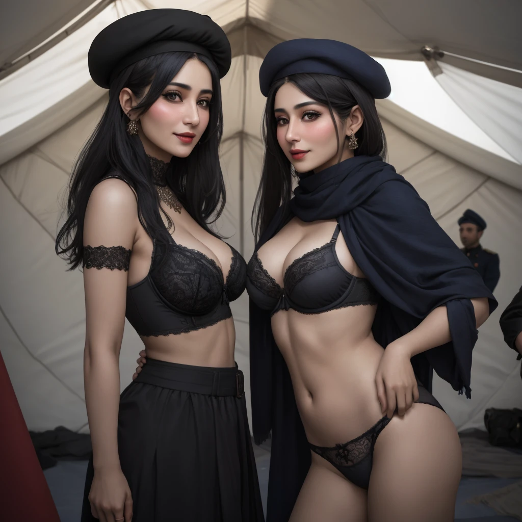 Afghan sexy, 2 girl, (40 years old), in the military tent, shapely, bra, beret, pleased expression, (from front view), (masterpiece, best quality, highly detailed, hyper realistic)