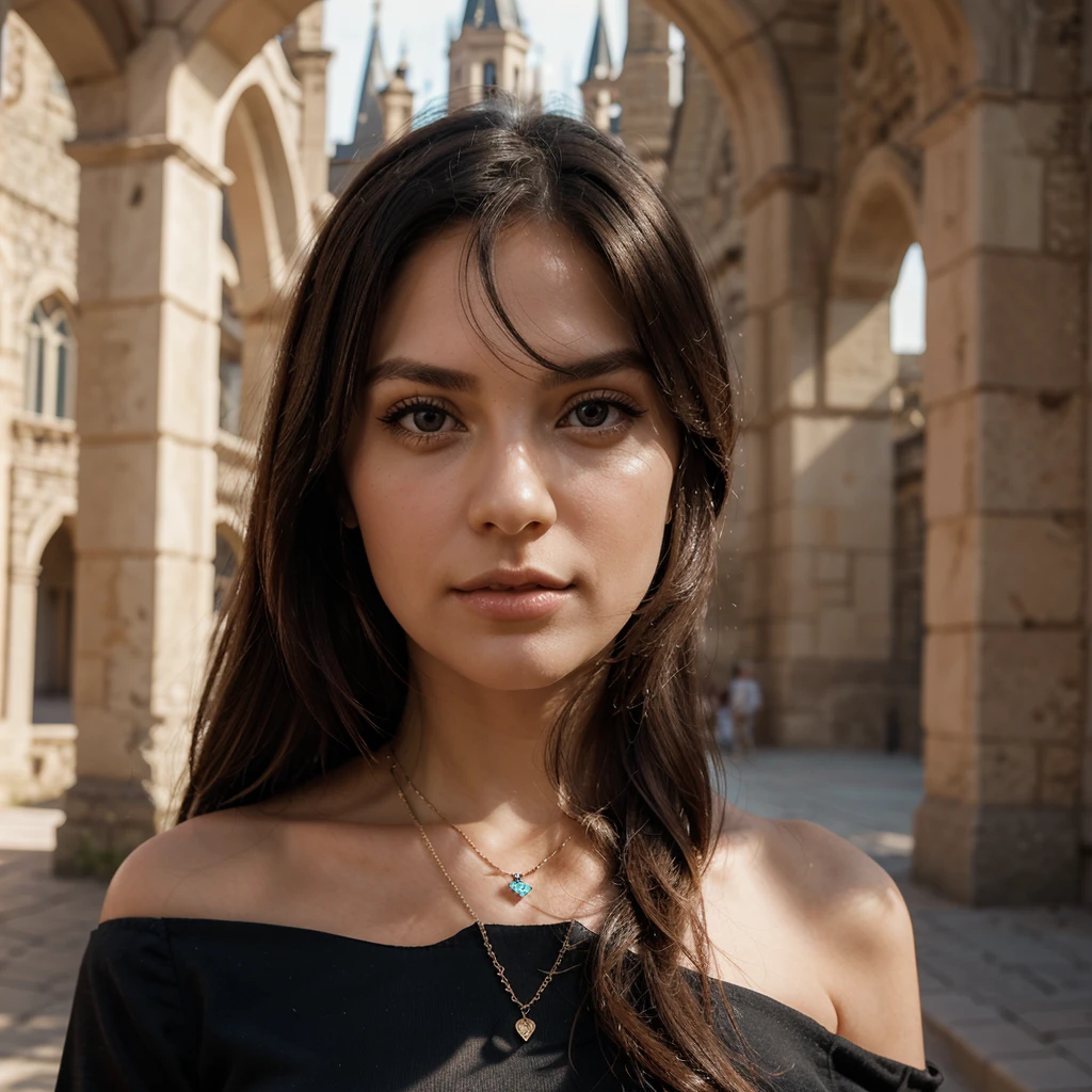 1girl in, 30 years old, Square face, Long hair, Looking at viewer, jewelry, Realistic, Sexy, princess outfit, castle background, free pose