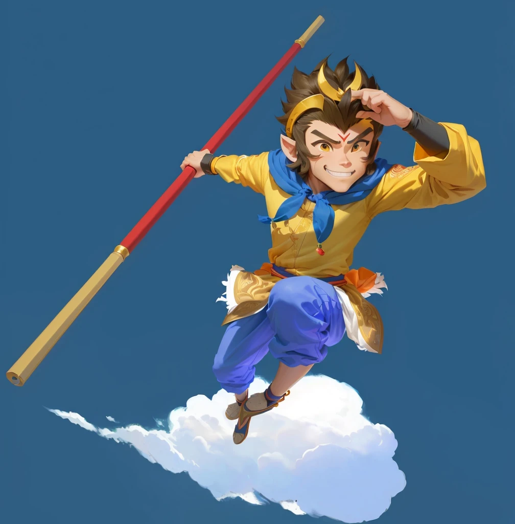 A cartoon image of a man flying in the air holding a pole, sun wukong, wukong, Sun Wukong, Akira in Chinese mythology, Inspired by Hu Zaobin, Journey to the West, hold head high, avatar hold head high, The character is flying, mana in the air, feng shu, girl, Humanoid monkey fantasy race, Full color illustrations