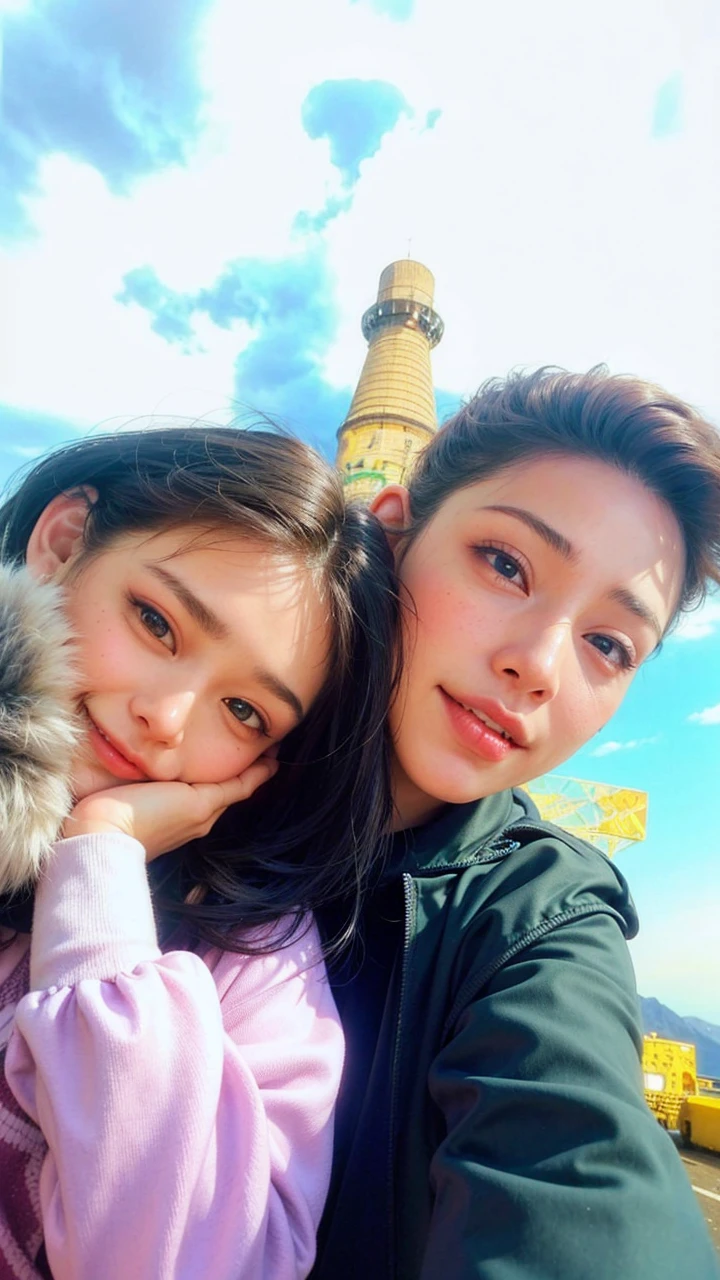 (masutepiece, top-quality、Very attractive adult beauty、Add intense highlights to the eyes、Look firmly at the camera、Beautiful woman full of adult charm),1girl in, solo, Light brown shiny hair, muffler,Santa Claus hat,realisitic, looking at the viewers, Bright colored crystal light blue eyes, short shiny hair, Santa Claus Starneck Knit、 Santa Claus costume with turtleneck with a hole in the center of the chest,Sexy turtleneck knitted sweater with round hole in the center of chest、 s lips, lipgloss,bangss, The upper part of the body、big eye、Lashes、The face is a little red、Embarrassing)、((Road system in Italy in winter))、((Shorthair with bangs、big eye、Put very strong highlights in your students、{Gigantic|Big|Huge|Mega} breasts、very Bigger breasts、gazing at viewer、Very beautiful beauty、Put your ears out、long neck、little smiling、Beautiful teeth、Open your mouth and smile))、28 year old、Very cute supermodel、