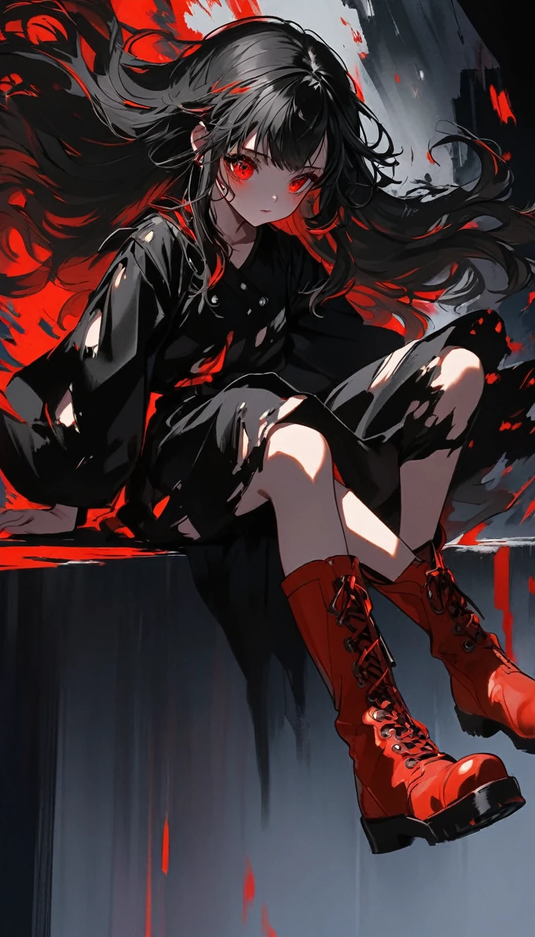This illustration depicts a girl with long hair, dressed in black with torn details, and wearing red boots, sitting with one leg bent up. The background is dark, with white and red accents creating a dynamic, intense atmosphere. 2.5D Style