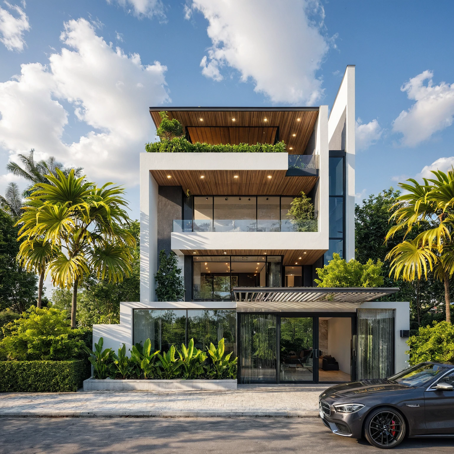 Masterpiece, high quality, best quality, authentic, super detail, outdoors, onestoreyvillaXL, aiaigroup, house style modern on the street ,stairs, white wall ,road,pavement, grass, trees, sky, cloud, (daylight:1.1)
