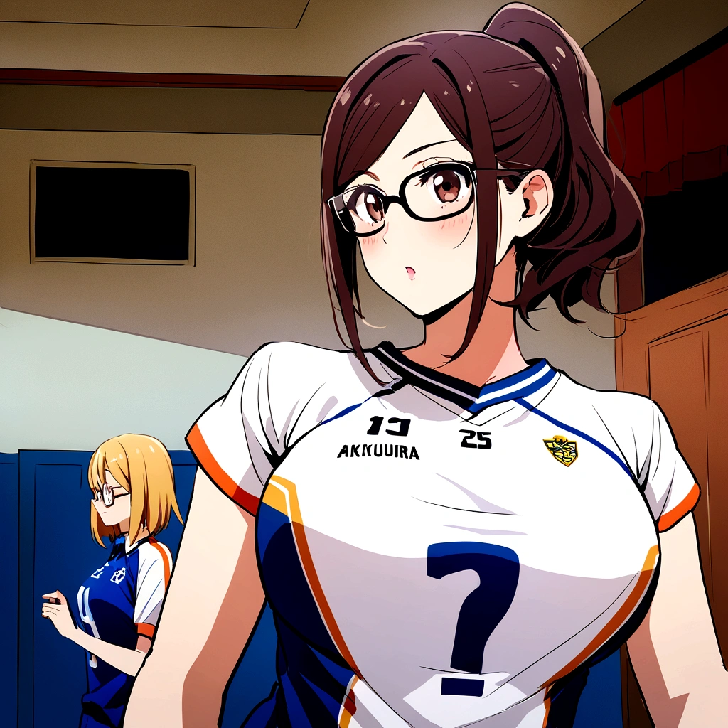 There is a woman, Wearing a volleyball jersey, Chiho Ashima, kimi takemura, mayuri shiina, akikazu mizuno, For whom?, cute,Glasses