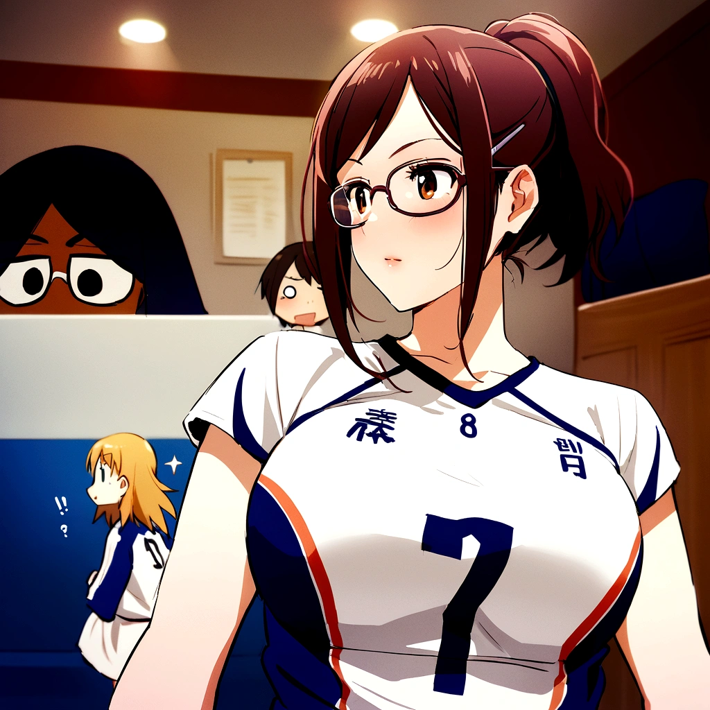 There is a woman, Wearing a volleyball jersey, Chiho Ashima, kimi takemura, mayuri shiina, akikazu mizuno, For whom?, cute,Glasses