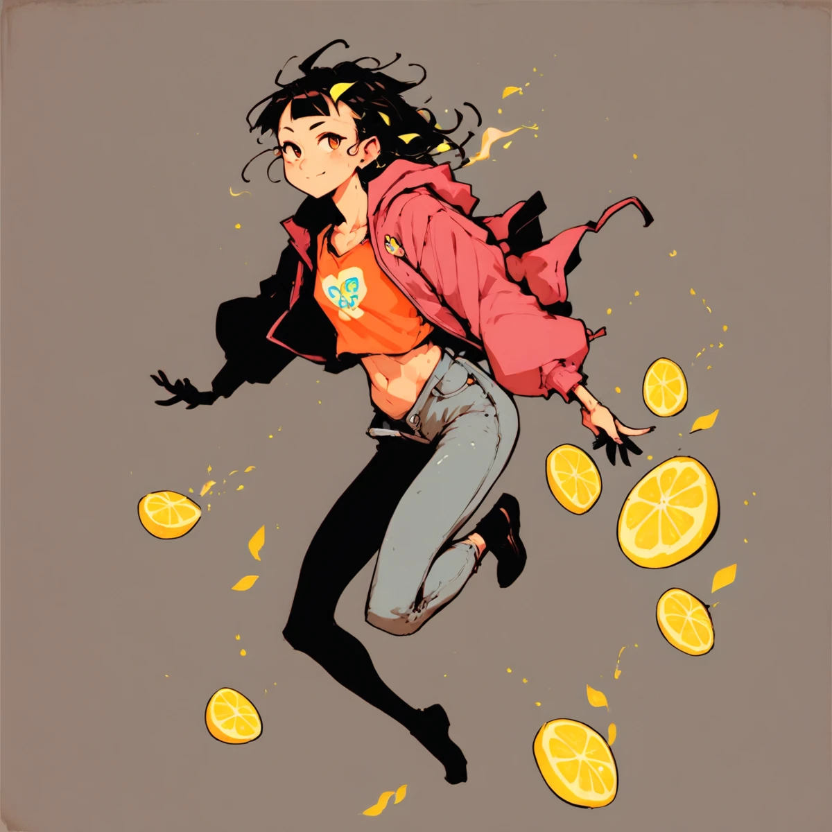 1girl, posing, micro bangs hair, style based on lemon, lemons floating in the air, score_9, score_8_up, score_7_up, score_6_up, score_5_up, score_4_up, rating_sfw, rating_acceptable, anime dark theme, low light, (Masterpiece:1.3) (best quality:1.2) (high quality:1.1), sfw
