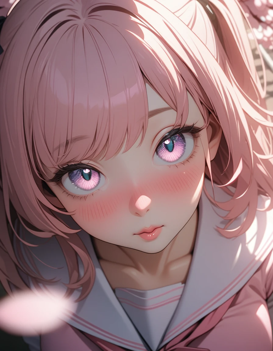 (8K, best quality, master piece: 1.2), super high resolution,1 girl,solo,ultra-detailed face,detailed eyes,gradient eyes,Long eyelashes,pink hair,Long Hair,two side up,kissing viewer,puffy lips,nose blush,Pink sailor suit, large breasts,Portrait,Rim Light,From above,cherry blossoms,Schoolyard