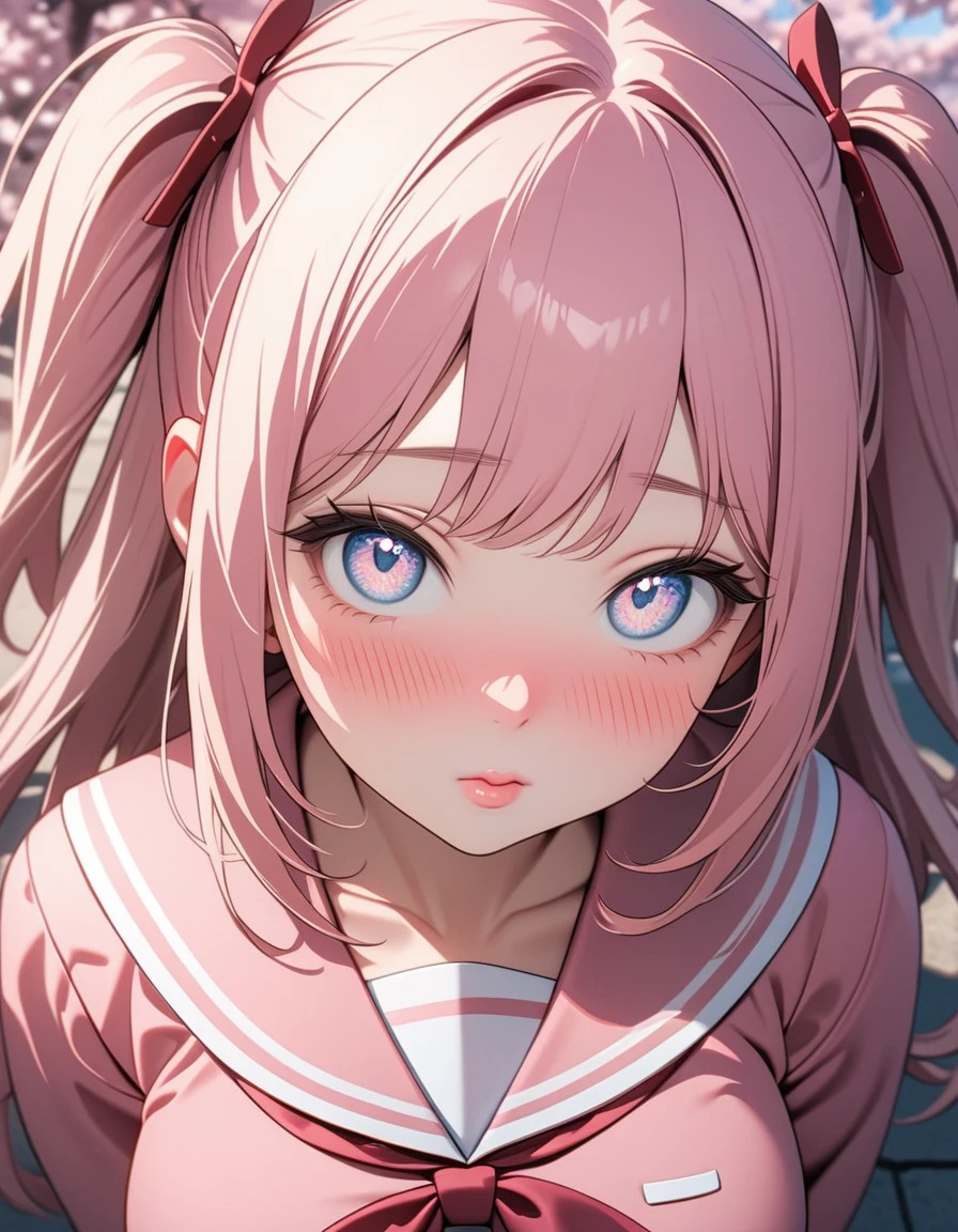 (8K, best quality, master piece: 1.2), super high resolution,1 girl,solo,ultra-detailed face,detailed eyes,gradient eyes,Long eyelashes,pink hair,Long Hair,two side up,kissing viewer,puffy lips,nose blush,Pink sailor suit, large breasts,Portrait,Rim Light,From above,cherry blossoms,Schoolyard