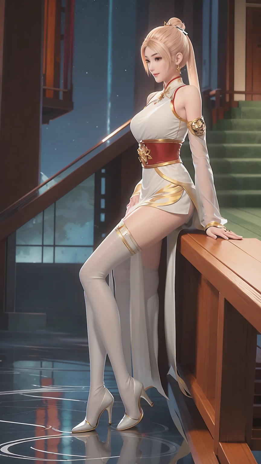 ((Biologically correct number of limbs))、(( Full body image(Including the face)))、4k、masterpiece、((Focus on the face))、((Symmetrical facial features))、The eyes are described in detail、Beautiful woman、Outstanding style、Beautiful arms、Beautiful legs、beautiful hands、(slim)、Facial details、Small earrings、necklace、(white shiny、Shiny dress、High heel、radiant skin)Smile、(Beautiful legsのアップ)、Sweat,Starry Sky,Starry Sky背景,Deep View,above water