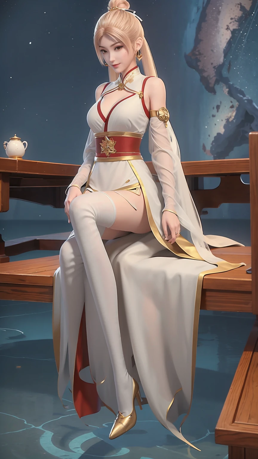 ((Biologically correct number of limbs))、(( Full body image(Including the face)))、4k、masterpiece、((Focus on the face))、((Symmetrical facial features))、The eyes are described in detail、Beautiful woman、Outstanding style、Beautiful arms、Beautiful legs、beautiful hands、(slim)、Facial details、Small earrings、necklace、(white shiny、Shiny dress、High heel、radiant skin)Smile、(Beautiful legsのアップ)、Sweat,Starry Sky,Starry Sky背景,Deep View,above water