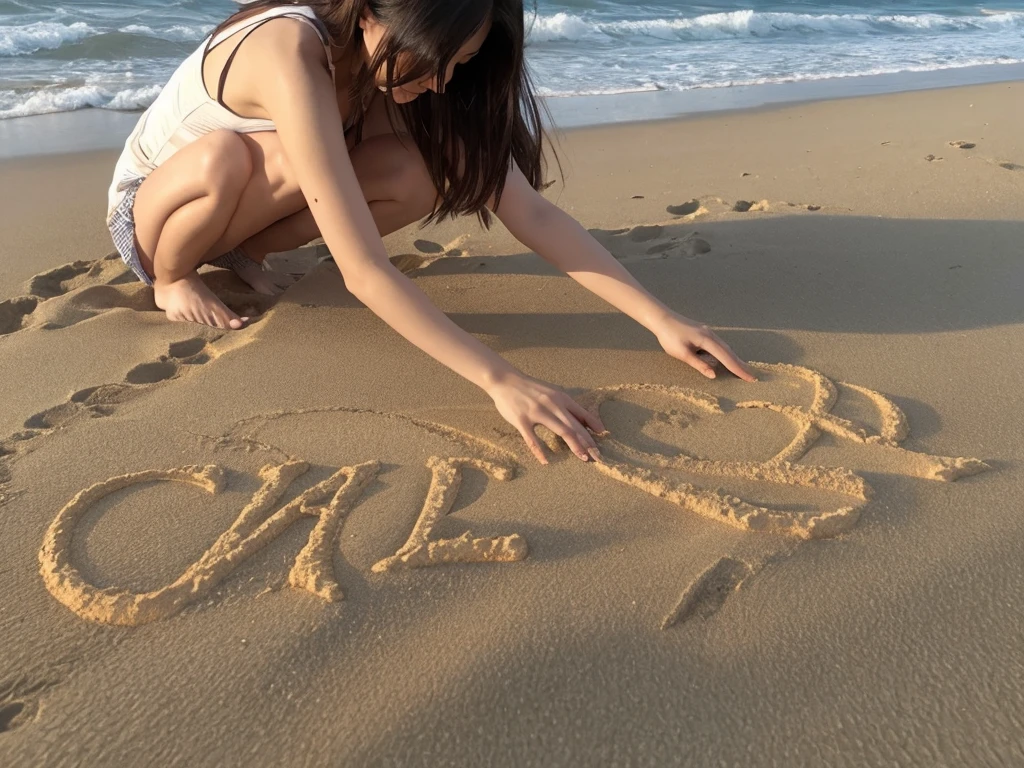 Summer coast、Sandy Beach、Sand letters drawn in the sand、Woman's feet wearing beach sandals、Woman in swimsuit、22 years old、Photorealistic、Normal chest:1.2、The perfect proportions、3 people、