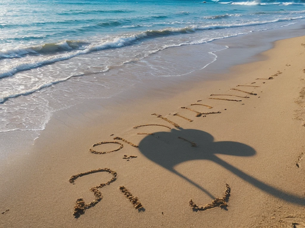 Summer coast、Sandy Beach、Sand letters drawn in the sand、Woman's feet wearing beach sandals、Woman in swimsuit、22 years old、Photorealistic、Normal chest:1.2、The perfect proportions、3 people、
