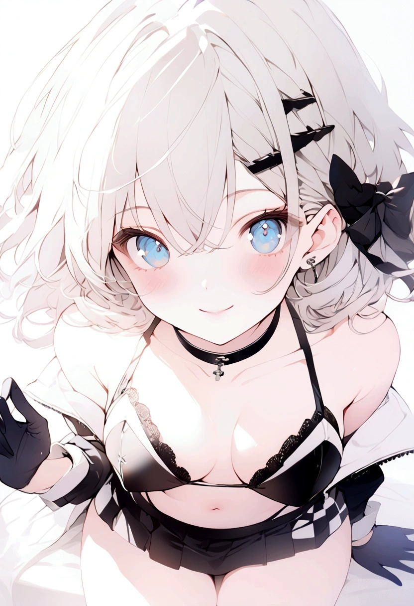 beautiful, masterpiece, Highest quality, anime, One girl, C Cup,Portrait Shot, View your viewers, Covered、Short Hair、nearby、Blue Eyes、art、、White hair,Blue streaked hair、wallpaper、hairpin、Cute smile、Thighs、navel、Black and White_Open race queen、Blue-black_Gloves、Blue-black_Knee-high boots、、Cute、Blue-black_Short skirt、circuit、blue sky、Blue-black_mini skirt、Blue-black_Very short skirt