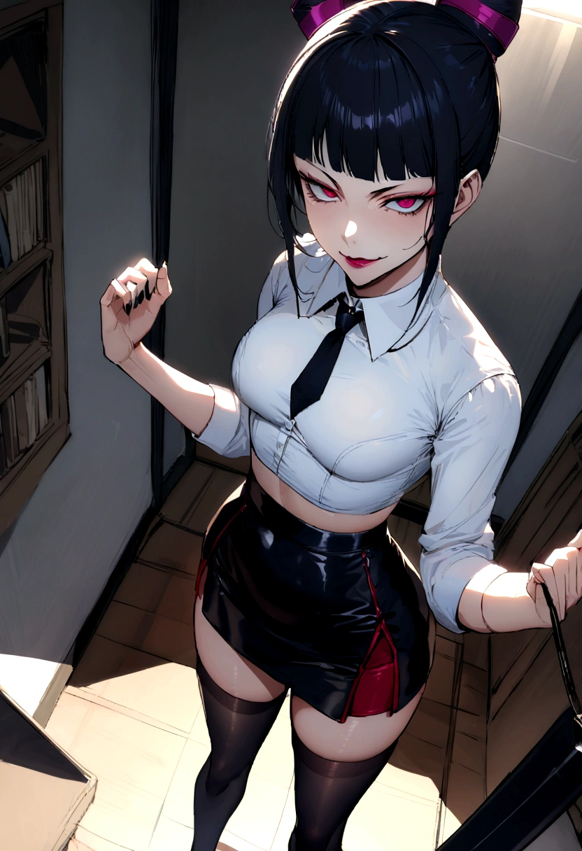 juri han, work of art, tight white secretary shirt with black tie, black high waist skirt, short skirt,stocking, black hair, black tights,evil smile,office,franja nos olhos,lighting,chifre de cabelos,view from above,olhando para cima