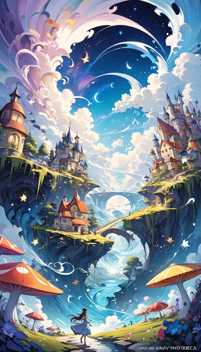 In a whimsical, colorful cartoon world, a kaleidoscope of flying objects swirls against surreal landscapes, inspired by the ethereal sounds of Midnight Tunes. Gentle mews and epic dreams converge as vibrant colors and exaggerated shapes come alive. A fantastical realm unfolds, reminiscent of Etam Cru's distinctive art style. Against a backdrop of swirling clouds and starry skies, photorealistic concept art by Rebeca Saray and Brad Kunkle captures the magic of this world in motion. (art inspired in Bill Sienkiewicz). oil painting)