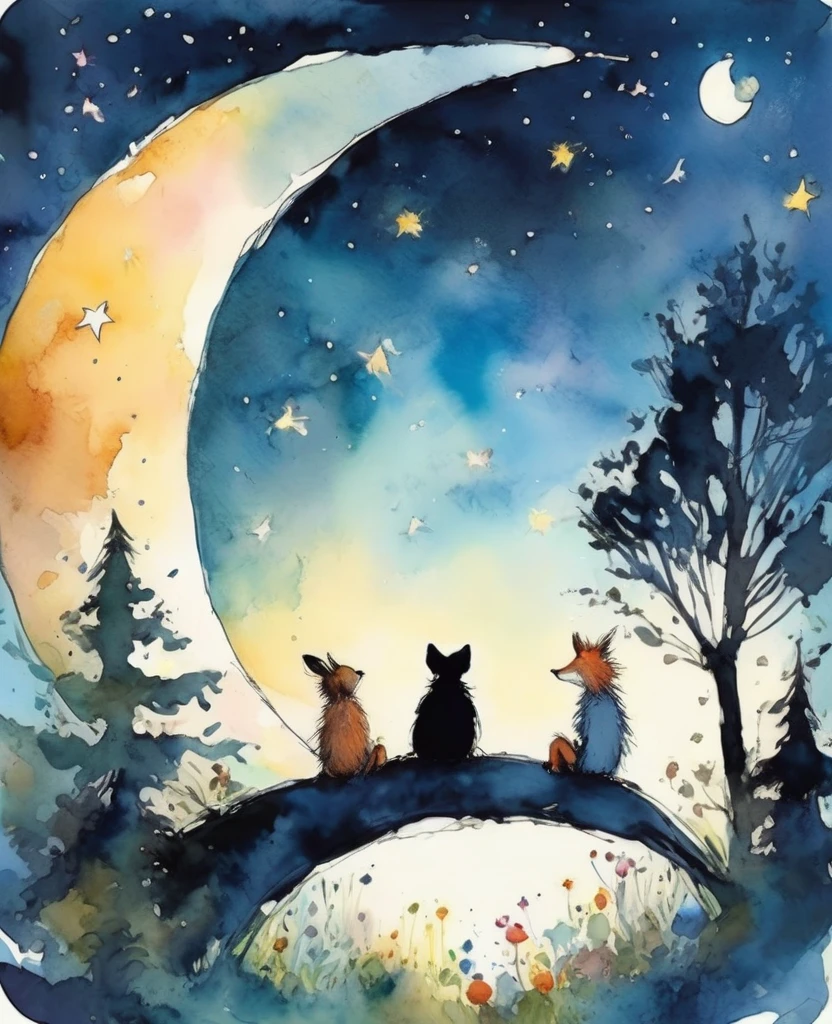 Quentin Blake style photo 、Night Sky、firework、Sitting on a very large crescent moon、look up、Forest Animals、High resolution、Sit down together、Highest quality、masterpiece、Very detailed