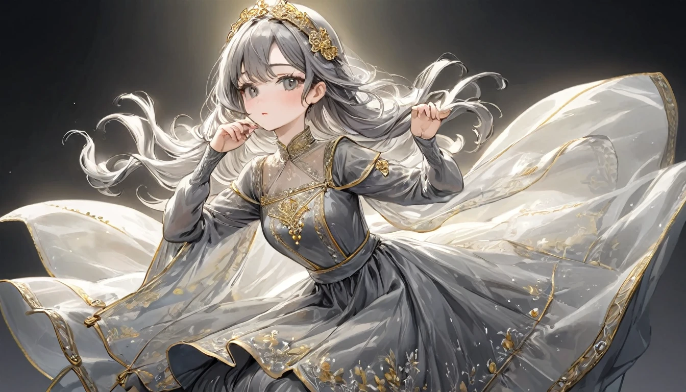 girl, Gold and silver embroidery, White-gray pearl medieval long dress(With panniers), Translucent fabric, Pull up the dress by hand, Strong winds, Translucent slip, Grey translucent tights, Peeking from below, Highest quality, Disorder of clothing, sit