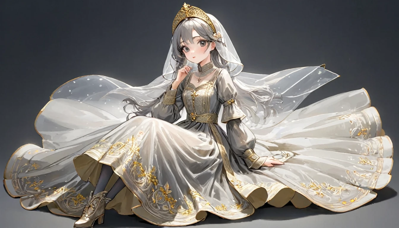 girl, Gold and silver embroidery, White-gray pearl medieval long dress(With panniers), Translucent fabric, Pull up the dress by hand, Strong winds, Translucent slip, Grey translucent tights, Peeking from below, Highest quality, Disorder of clothing, sit