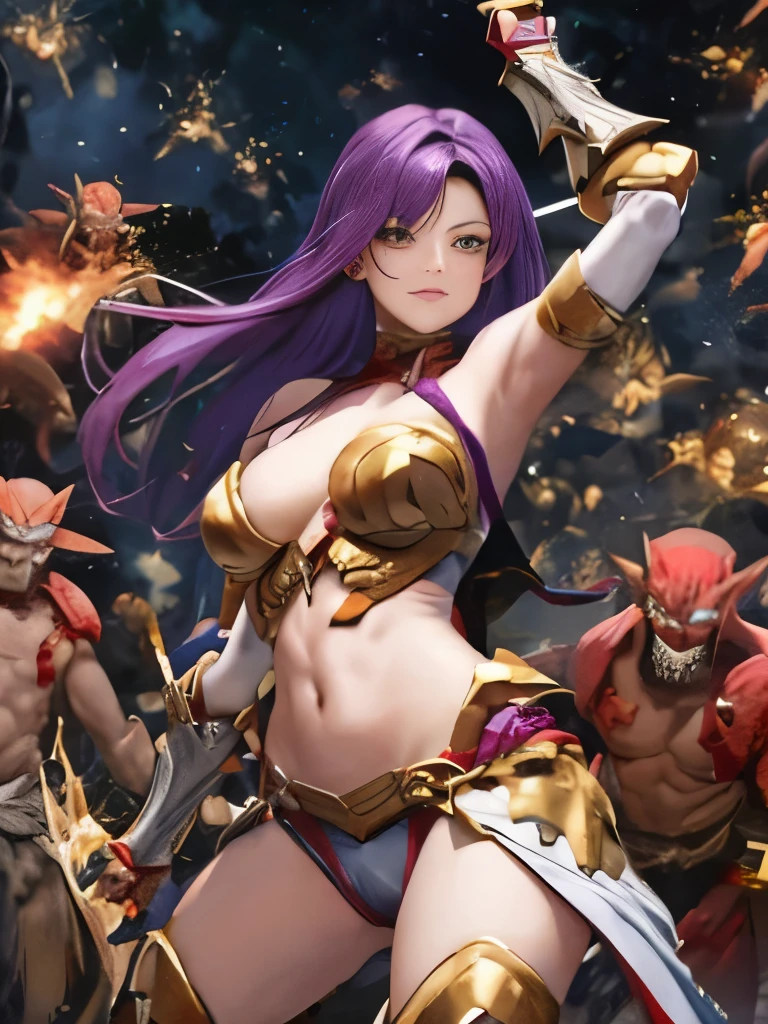 Highest quality、Anime Style、Battle of Despair 1:8、Beautiful woman with very long purple hair、White light armor（Exposing breasts、Off the shoulder、Sleeveless、belly button、Exposed thighs）、White Armor Boots、Tears overflow、Frightened expression、scream、run away、Attacked by mutants 1:5、Many violent mutants 1:5、Mutant Holding Arms、Mutant attacks from behind、Mutant grabs leg、Mutant Swarm 1:5、Midnight、Different world、Dark fantasy、hell