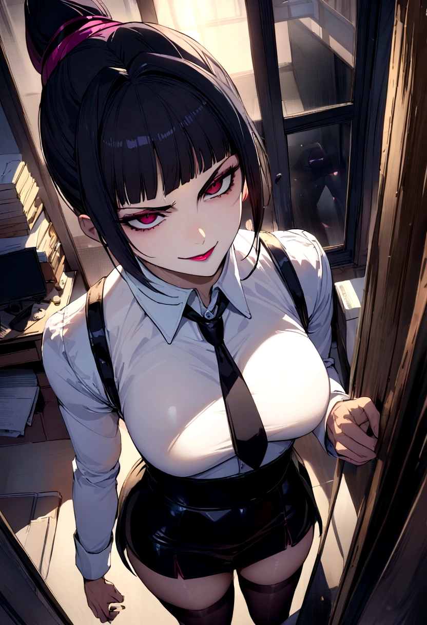 juri han, work of art, secretary shirt with black tie, black high waist skirt, short skirt,stocking, black hair, black tights,evil smile,office,franja nos olhos,lighting,chifre de cabelos,view from above,olhando para cima