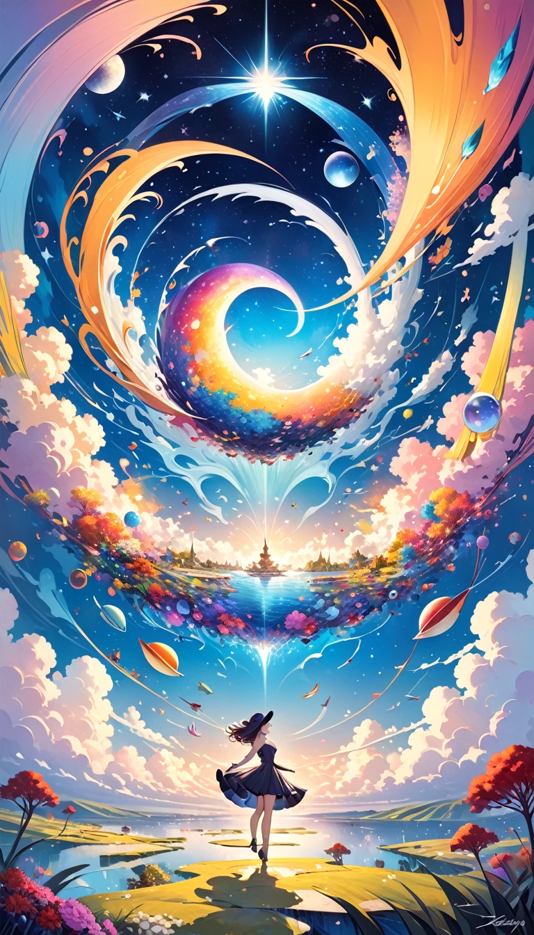In a whimsical, colorful cartoon world, a kaleidoscope of flying objects swirls against surreal landscapes, inspired by the ethereal sounds of Midnight Tunes. Gentle mews and epic dreams converge as vibrant colors and exaggerated shapes come alive. A fantastical realm unfolds, reminiscent of Etam Cru's distinctive art style. Against a backdrop of swirling clouds and starry skies, photorealistic concept art by Rebeca Saray and Brad Kunkle captures the magic of this world in motion. (art inspired in Bill Sienkiewicz). oil painting)