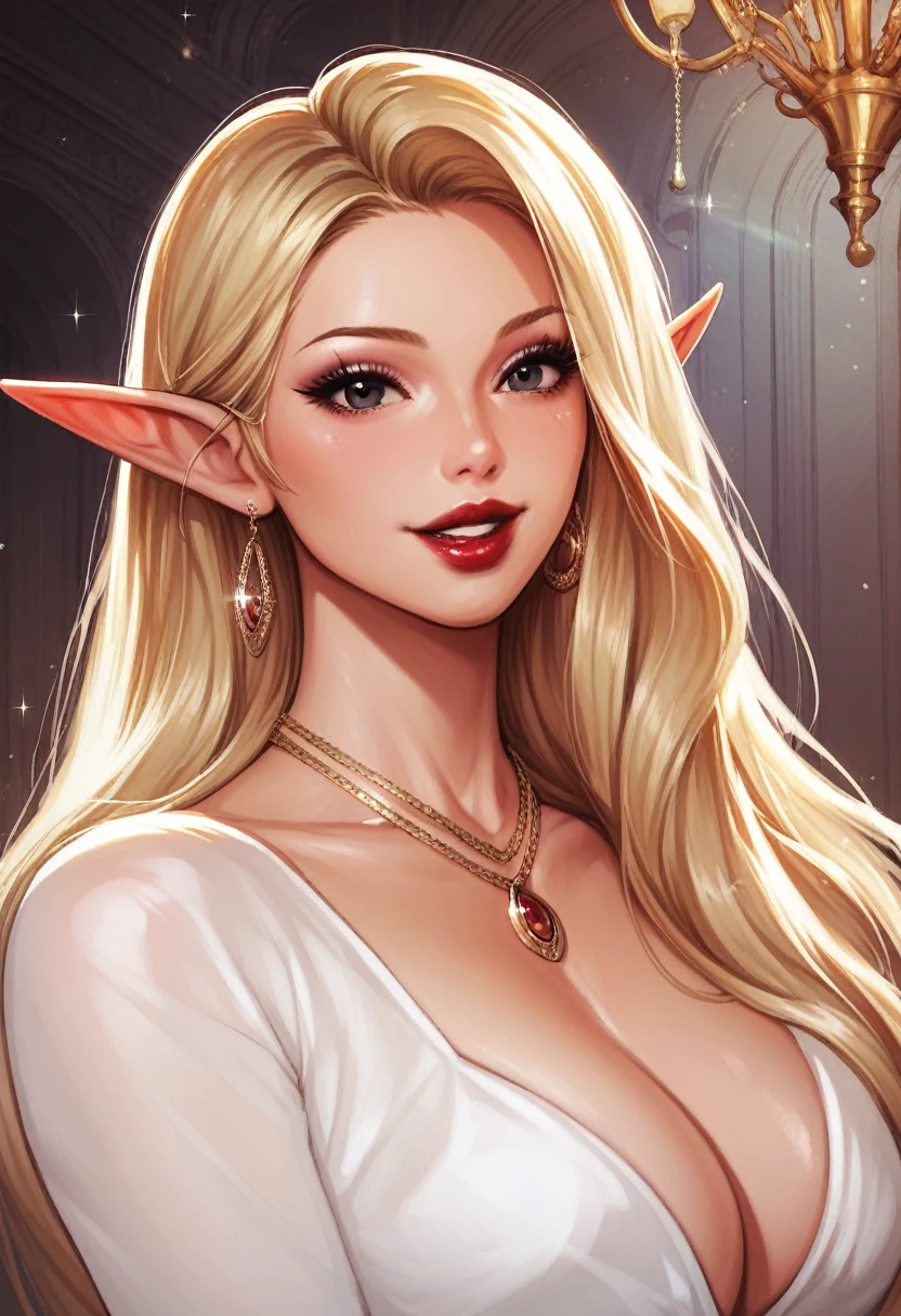 
Hot sexy beautiful  elf queen , detailed lips rings,black eyes,  detailed , big chandelier earrings , alluring face, necklace , red lipstick , garter belt ,blonde hair, smiling,