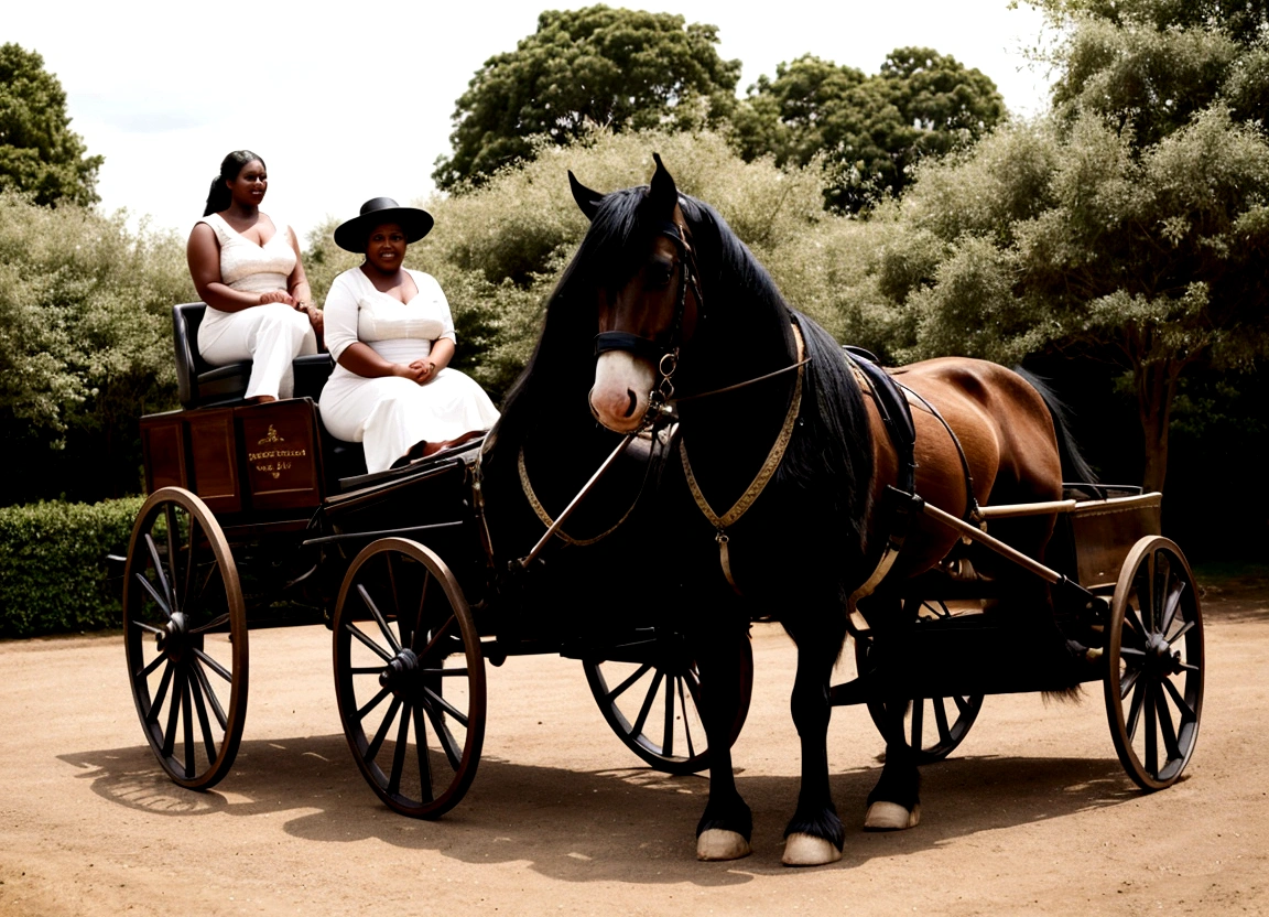 Shire horse and cart. full figured woman driving, very dark skinned woman.