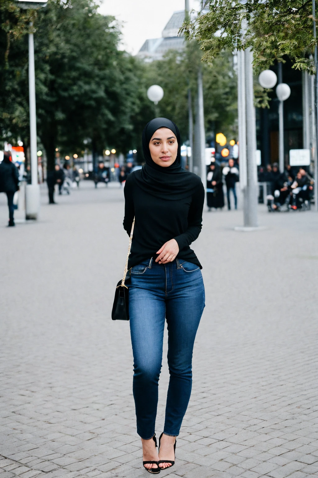 RAW photo,candid photograph, full body,photo of a beautiful,modern,30yo Moroccan woman,black hijab,pale skin, detailed skin, wearing casual clothing,naked, looking at viewer, thick body structure,standing at Schouwburgplein Rotterdam, candid pose,blue light, film grain, kodak color, instagram LUT