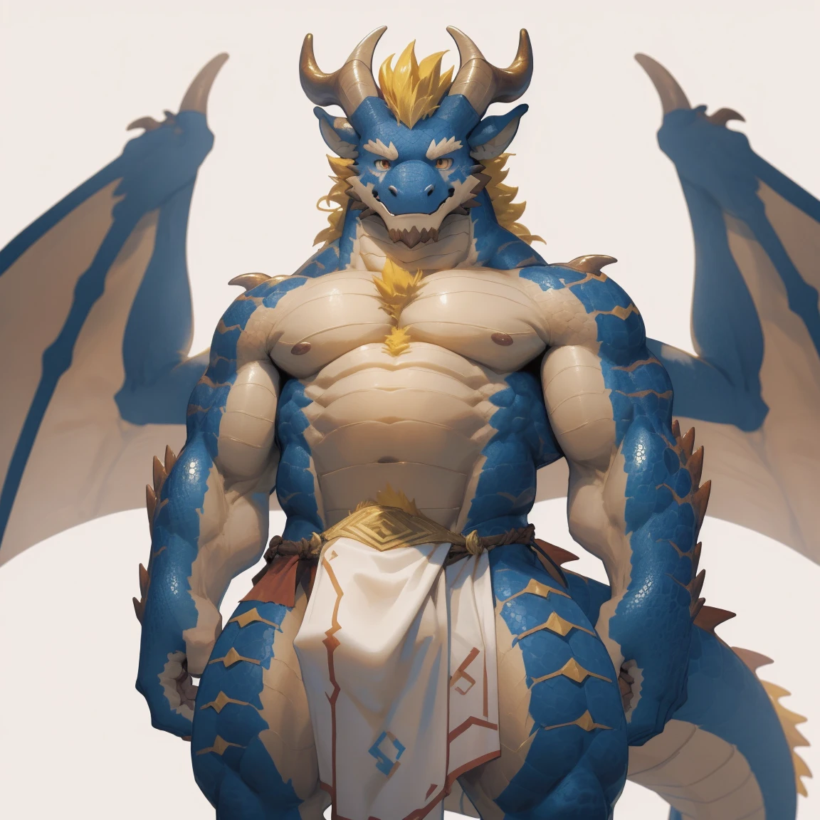 masterpiece,best quality,8k resolution,Very detailed,hairy,((Red Dragon Man)),muscle,(((blonde))),Strong,超大muscle, ((Golden Eyes)),portrait,((Shirtless)),((Simple background)),((solitary)),(((red wings))),(((Loincloth))),(((Crotch bulge))),(((Most of the body is red))),(((Yellow hair at the end of the tail))),(((Blue stripes on arms and chest))),(((There are two layers of head angle,Dark blue and brown))),(((Yellow hair under the head,There are scales between the two horns))),(((Nose angle))),(((There is a gold ring on the tail)))。(((Feather)))