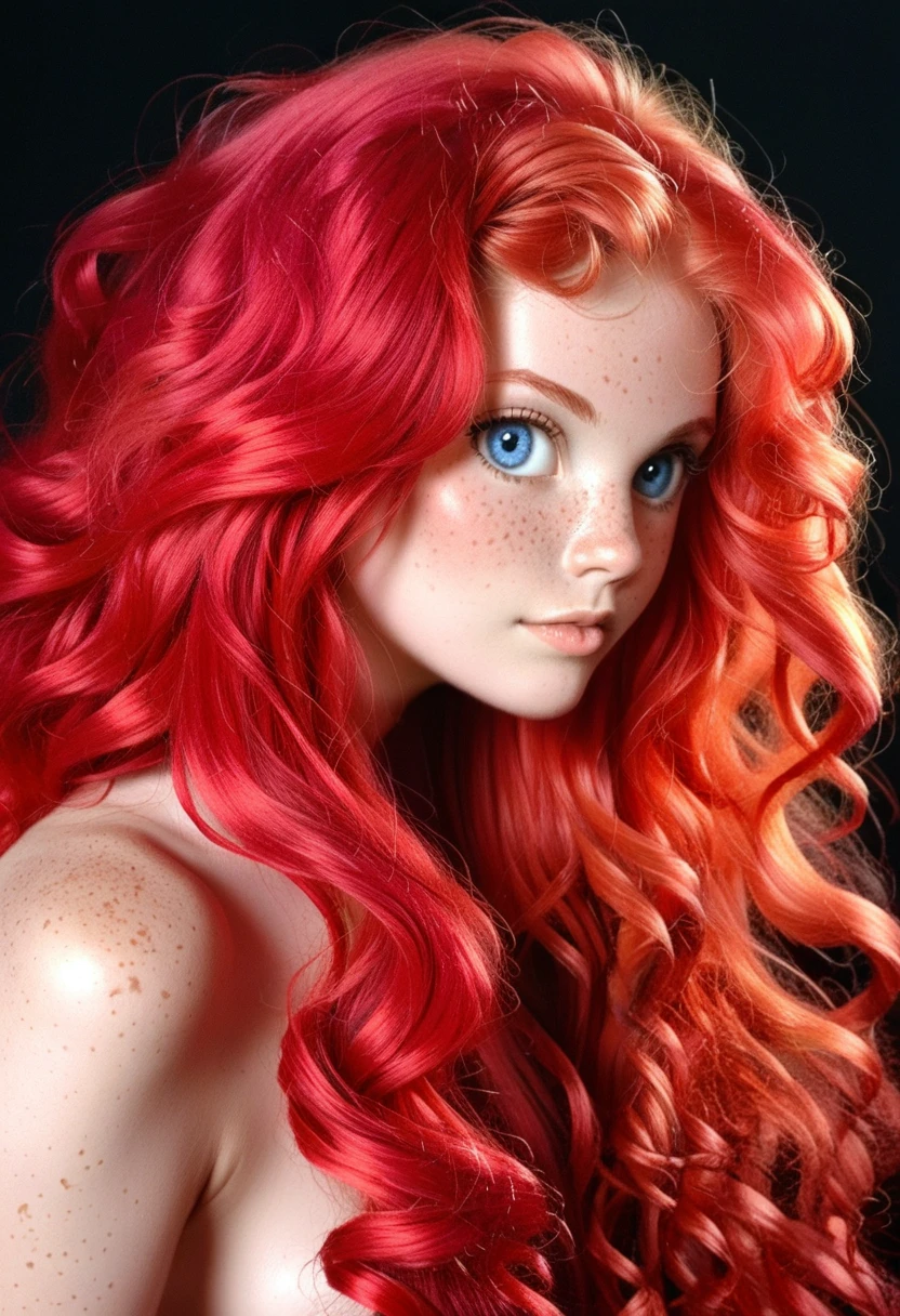 elizabeth holmes as tinker bell, exquisite detail, award winning photography, dramatic lighting, long luxurious light red hair, long red hair and blue eyes, long red hair and big eyes, red flowing hair, silken red hair, long red flaming hair, flowing red hair, long glowing ethereal hair, freckles on chicks, (freckles:1.2)