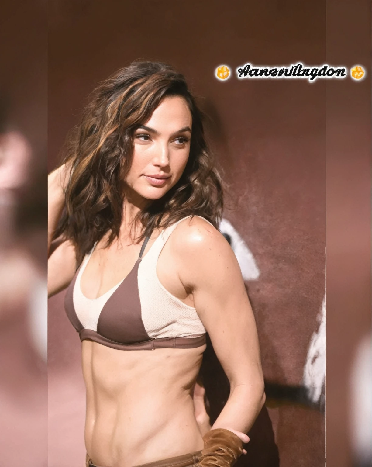 high quality Erotic Paparazzi shot of GalGadot , cute smile, movie still , she is wearing a transparent sweaty tank top , extremely wet hair ,standing , tanned skin , tight breast, erect nipples , abs on belly, strong fit arms, , celebrity, female, woman, hollywood actress, random angle, erotic angles, random move, random action ,huge chest, deep cleavage ,seductive, tired woman, slight smile , fit muscular woman , depth of field, insanely detailed skin texture, hyper detailed features