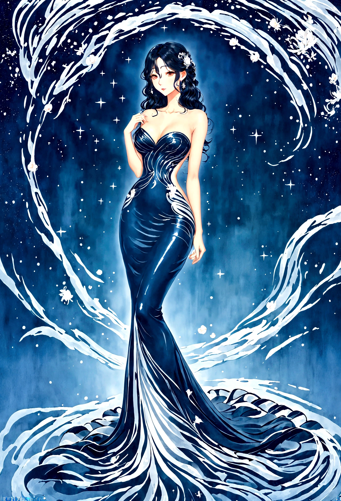 (masterpiece, best quality:1.2),Wavy hair secretary，solitary,Exquisite eyes,Fine black hair，( Smooth skin:1.2)( Wear a gorgeous and sparkling evening gown:1.2)， Slender body proportions，Back，Gorgeous room（（Intricate details））