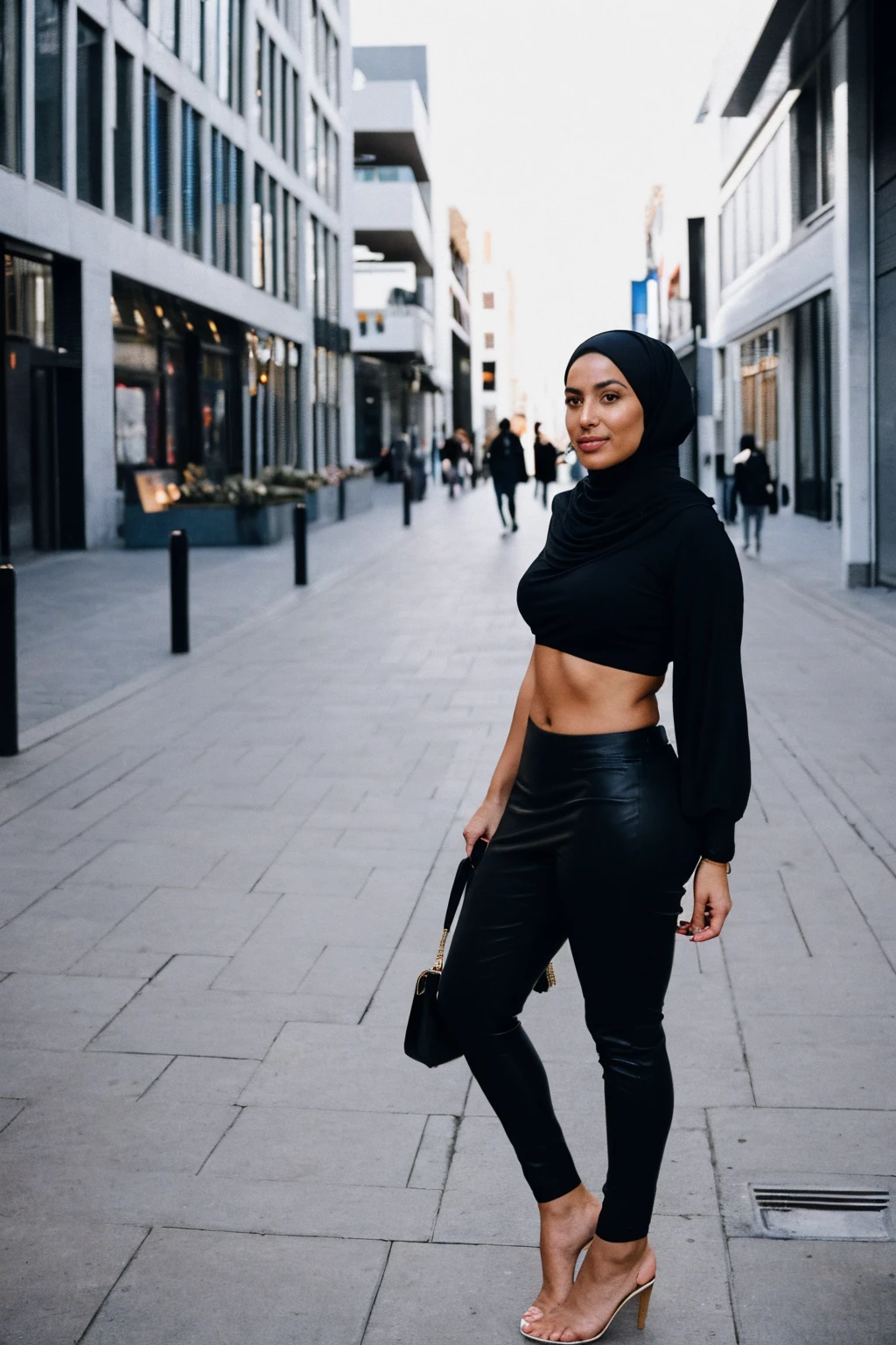 RAW photo,candid photograph, full body,photo of a beautiful,modern,30yo Moroccan woman,black hijab, detailed skin, wearing casual clothing,naked, looking at viewer, thick body structure,standing at Schouwburgplein Rotterdam, candid pose,blue light, film grain, kodak color, instagram LUT