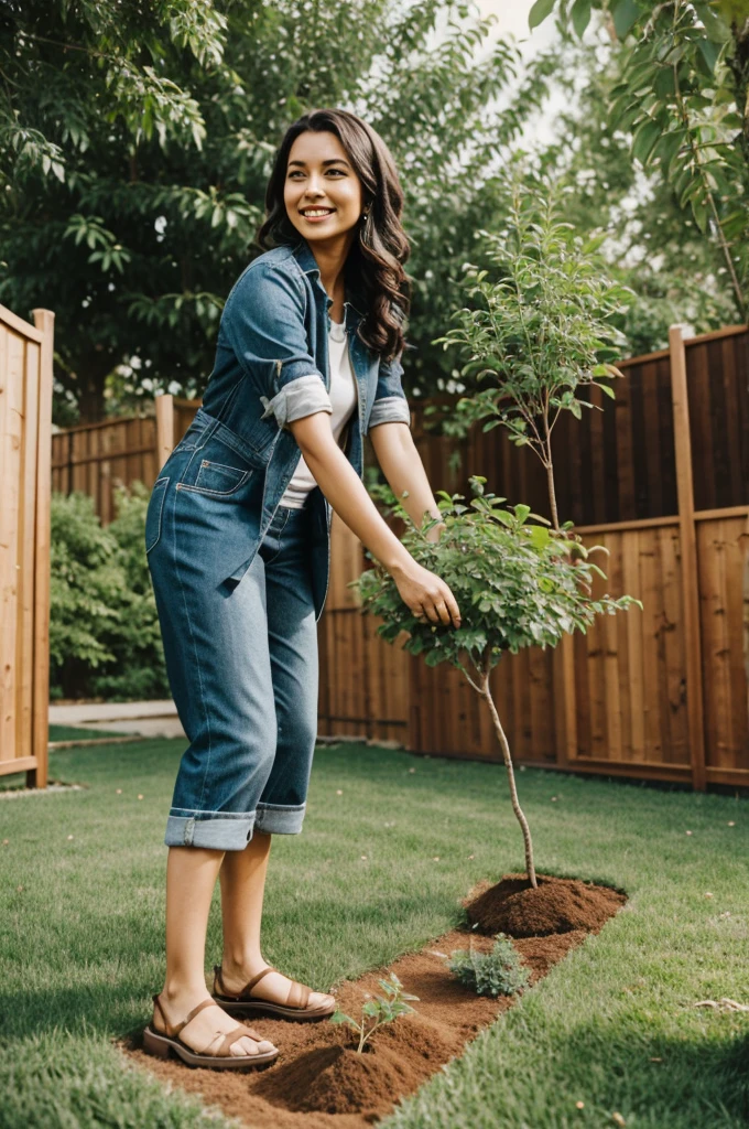 Create a woman, who plants trees in her backyard