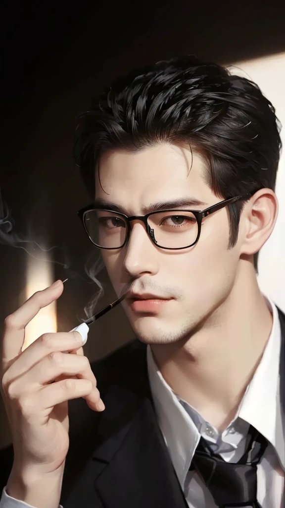 there is a man with glasses and a tie smoking a cigarette, artwork in the style of guweiz, high quality portrait,handsome man, handsome stunning realistic, handsome man, realistic artstyle