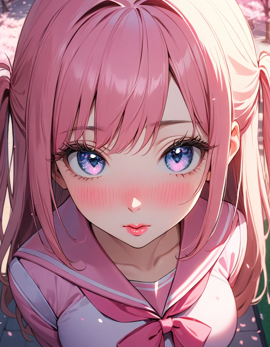 (8K, best quality, master piece: 1.2), super high resolution,1 girl,solo,ultra-detailed face,detailed eyes,gradient eyes,Long eyelashes,pink hair,Long Hair,two side up,kissing viewer,puffy lips,nose blush,Pink sailor suit, large breasts,Portrait,Rim Light,From above,cherry blossoms,Schoolyard