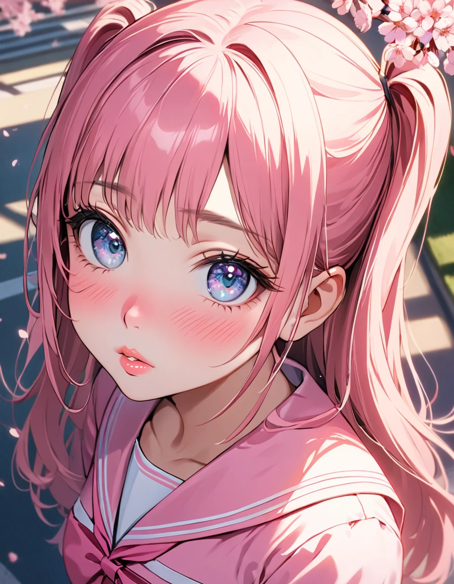 (8K, best quality, master piece: 1.2), super high resolution,1 girl,solo,ultra-detailed face,detailed eyes,gradient eyes,Long eyelashes,pink hair,Long Hair,two side up,kissing viewer,puffy lips,nose blush,Pink sailor suit, large breasts,Portrait,Rim Light,From above,cherry blossoms,Schoolyard