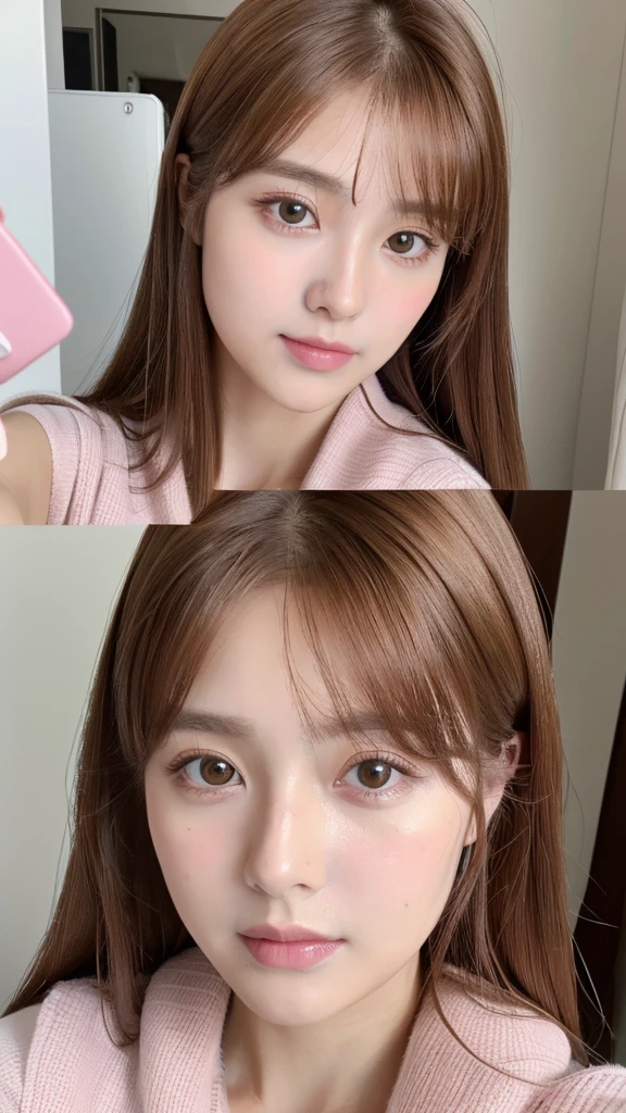 (masterpiece,best quality:1.4),(8k,raw photo,photo realistic:1.2), captures a serene (selfie:1.8), detailed face,detailed eyes,1girl,korean girl, beautiful face, pink makeup, brown hair, straight hair, long hair, iPhone photo