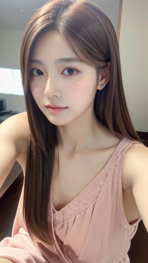 (masterpiece,best quality:1.4),(8k,raw photo,photo realistic:1.2), captures a serene (selfie:1.8), detailed face,detailed eyes,1girl,korean girl, beautiful face, pink makeup, brown hair, straight hair, long hair, iPhone photo