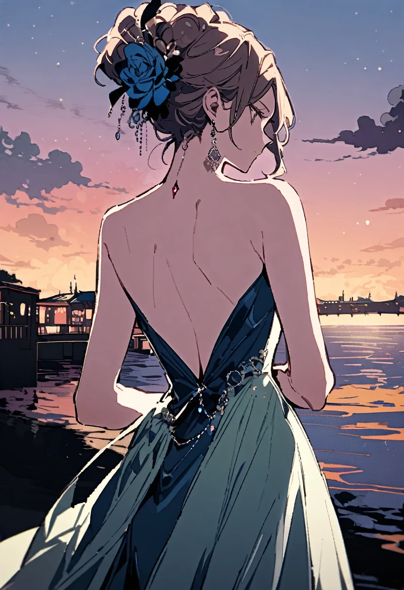 masterpiece, Highest quality, Illustration of the novel, High resolution, 18+ Adult content, Sensual, Intimate, Emotional, Passionate, romantic, sweet, Adorable, Innocent, Pure, charmな, charmな, charm, Mysterious, charmな, charmな, Immersive, charmな, dream-like, Surreal, Imaginative, Whimsical, artistic, Avant-garde, timeless, elegant, Sophisticated, chic, Sophisticated, Personality, original, charmな,((Evening Dress,evening dress,Evening Dresses:1.3)),((Back view:1.3))、Upper Body、(a bit)
