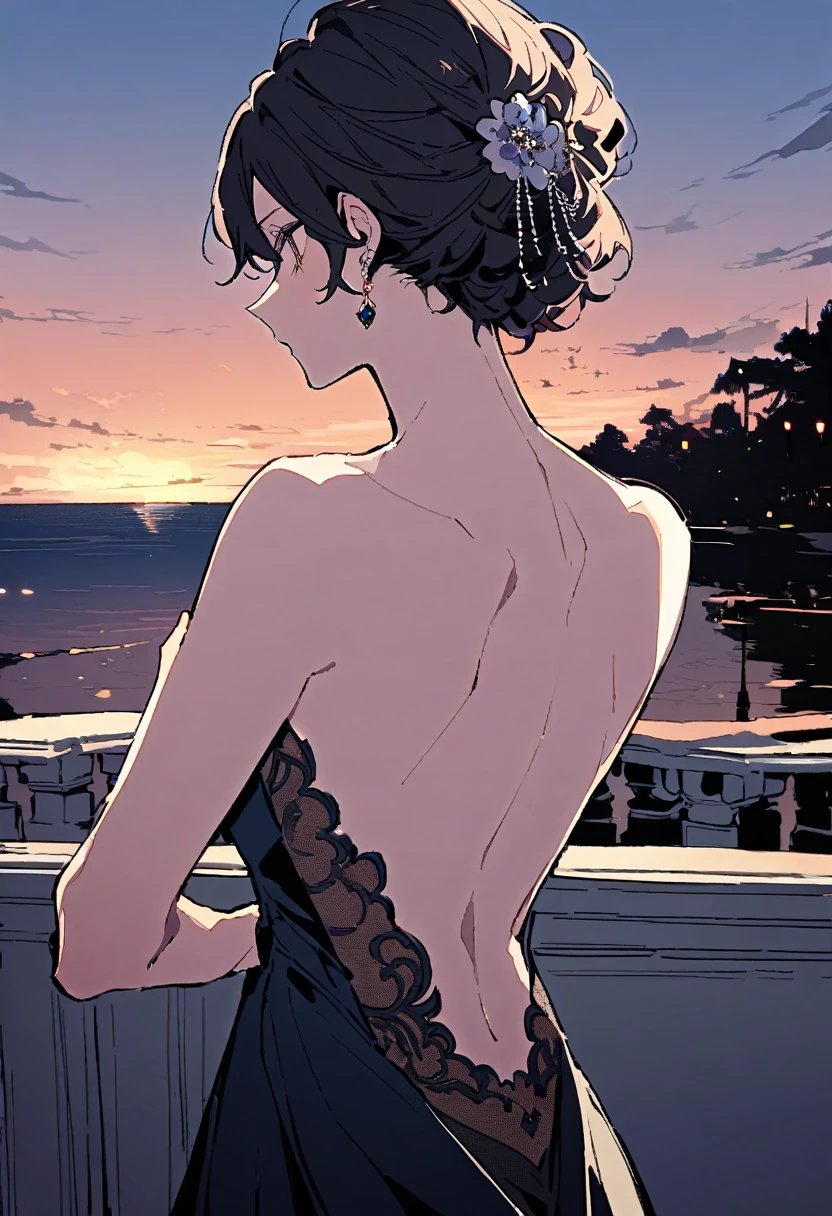 masterpiece, Highest quality, Illustration of the novel, High resolution, 18+ Adult content, Sensual, Intimate, Emotional, Passionate, romantic, sweet, Adorable, Innocent, Pure, charmな, charmな, charm, Mysterious, charmな, charmな, Immersive, charmな, dream-like, Surreal, Imaginative, Whimsical, artistic, Avant-garde, timeless, elegant, Sophisticated, chic, Sophisticated, Personality, original, charmな,((Evening Dress,evening dress,Evening Dresses:1.3)),((Back view:1.3))、Upper Body、(a bit)
