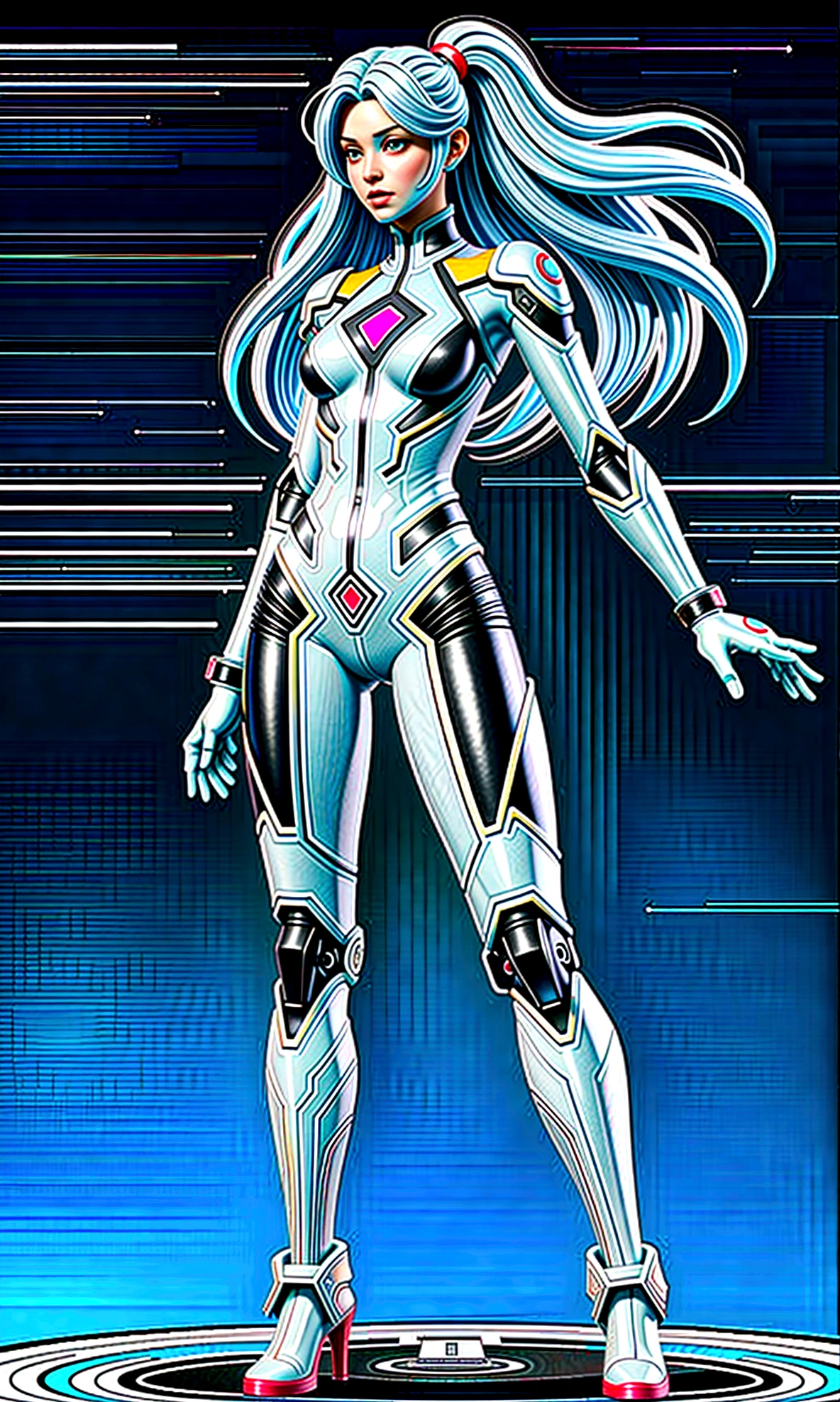 full body picture,full body representation((Masterpiece)),perfect body, (Best Quality), (Cinematic),(highly accurate drawing in every detail)(extremely precise representation),,1girl, delicate face, , small breasts, a stunning georgeous looking cyborg girl with humanoid body and wild extreme long white hair dressed in meager thick synthetic fabric suit in black, magenta and white with some nice cut outs and machine parts with nozzles and cables on clothing crouching in front of her stylish turquoise-black gundam-spaceship.two legs with feet and two arms with hands, extreme long white hair, several futuristic numbers-writings, dystopian future vibe
