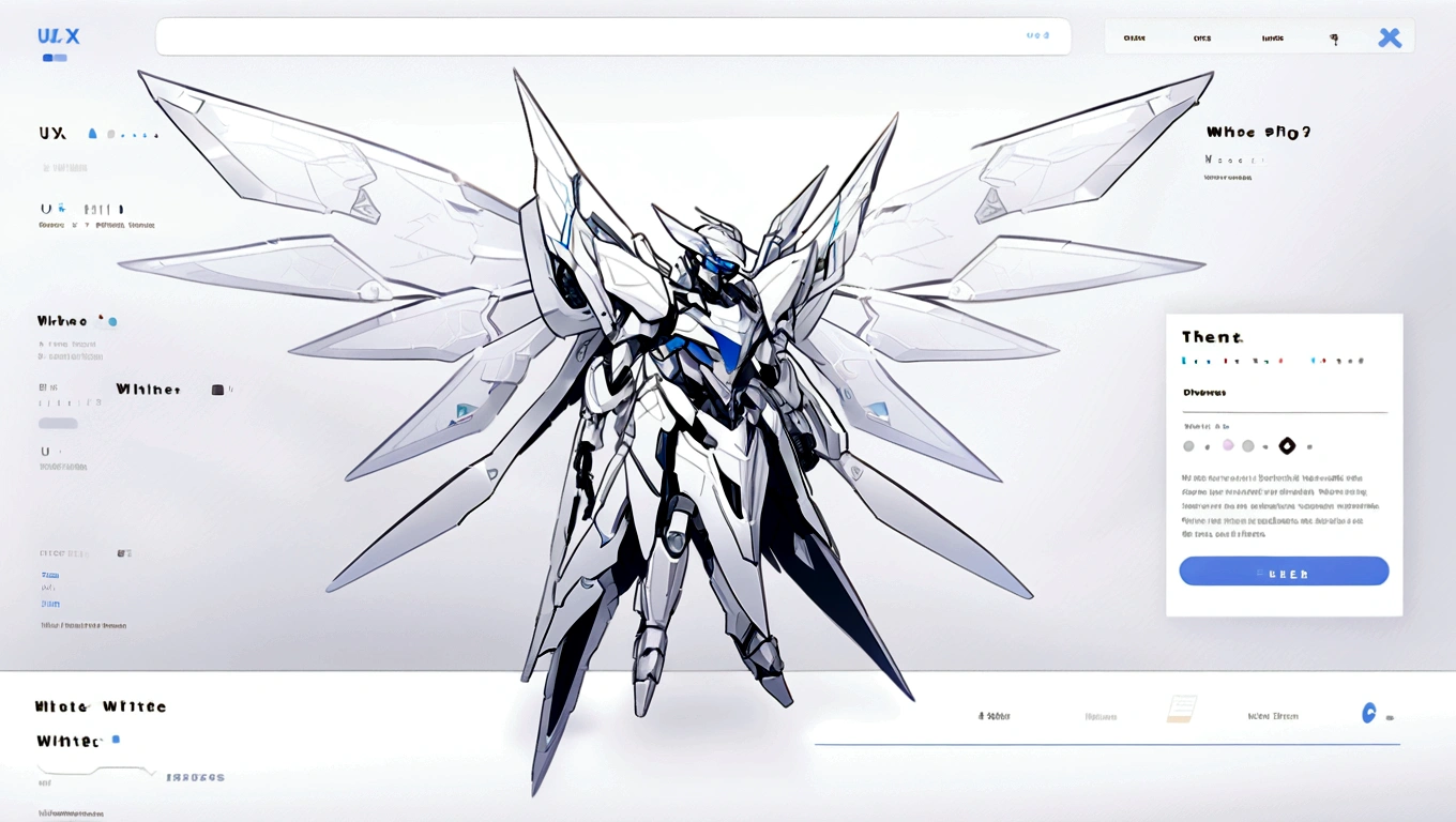 white hero page ui ux theme website, white and blue (mostly white) theme, robotic wings black and white silhouette