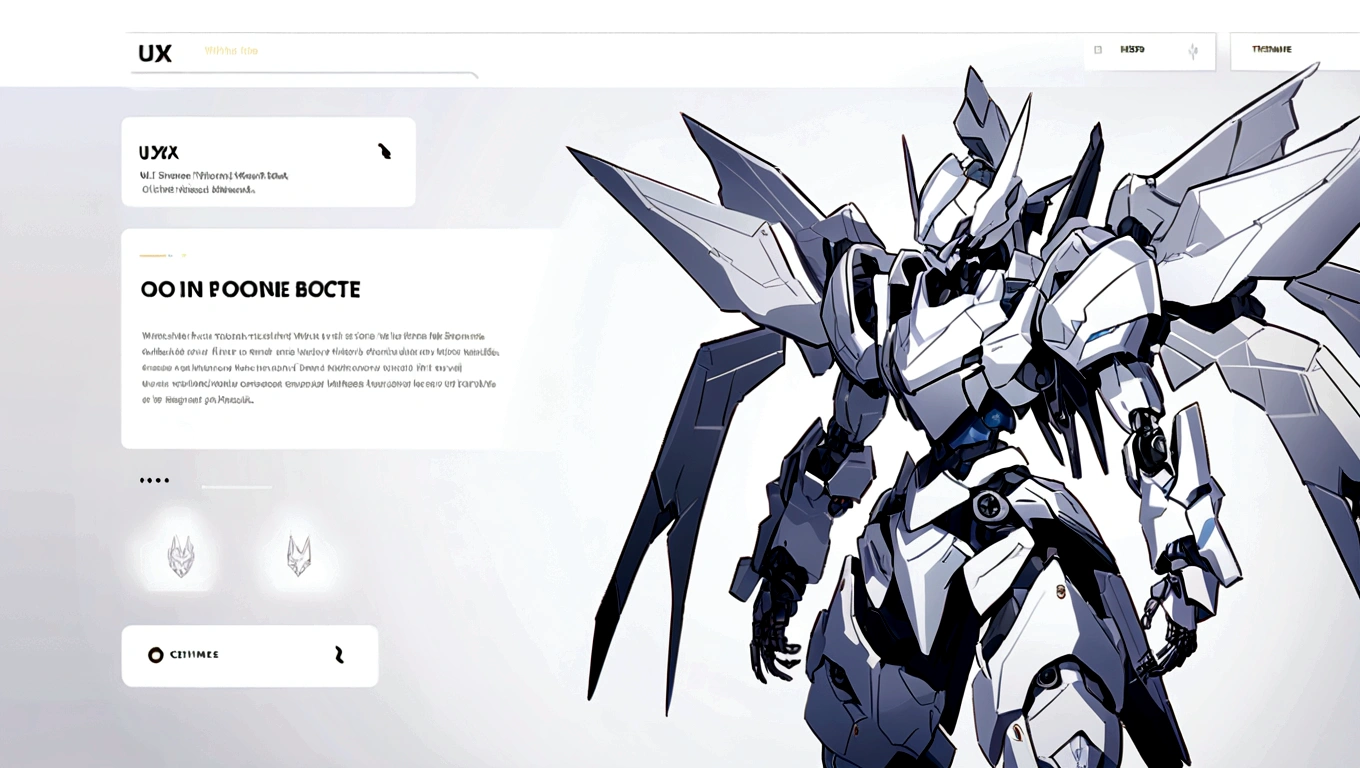 white hero page ui ux theme website, white and blue (mostly white) theme, robotic wings black and white silhouette