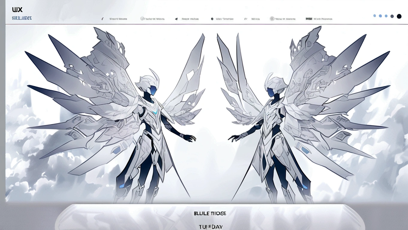white hero page ui ux theme website, white and blue (mostly white) theme, robotic wings black and white silhouette