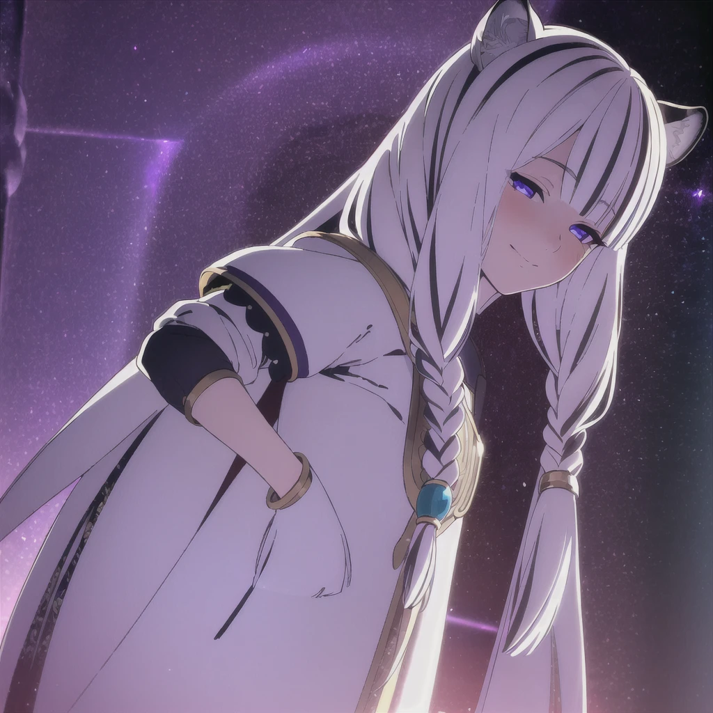 ((masterpiece)), (best quality), (ultra-detailed), photorealistic, (best illustration), ((an extremely delicate and beautiful)), 1girl, solo, long hair, tiger ears, [:tiger tail under:0.2], white hair, two-tone hair, full body, knight armor, crimson glowing details on armor, amulet on neck, Bracelets, crimson crystals in Bracelets, long lilac cape, open eyes, evil purple eyes, looking at viewer, malicious smile, blush, in space, goddess, low twin braids, loosen hair, quiet gesture, white armor, cybernetic armor, hyper detailed space ,best illumination, low mask, mouth covered with mask. 