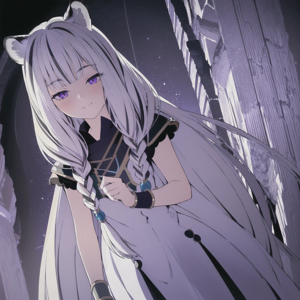 ((masterpiece)), (best quality), (ultra-detailed), photorealistic, (best illustration), ((an extremely delicate and beautiful)), 1girl, solo, long hair, tiger ears, [:tiger tail under:0.2], white hair, two-tone hair, full body, knight armor, crimson glowing details on armor, amulet on neck, Bracelets, crimson crystals in Bracelets, long lilac cape, open eyes, evil purple eyes, looking at viewer, malicious smile, blush, in space, goddess, low twin braids, loosen hair, quiet gesture, white armor, cybernetic armor, hyper detailed space ,best illumination, low mask, mouth covered with mask. 