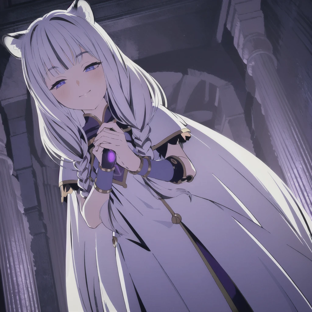 ((masterpiece)), (best quality), (ultra-detailed), photorealistic, (best illustration), ((an extremely delicate and beautiful)), 1girl, solo, long hair, tiger ears, [:tiger tail under:0.2], white hair, two-tone hair, full body, knight armor, crimson glowing details on armor, amulet on neck, Bracelets, crimson crystals in Bracelets, long lilac cape, open eyes, evil purple eyes, looking at viewer, malicious smile, blush, in space, goddess, low twin braids, loosen hair, quiet gesture, white armor, cybernetic armor, hyper detailed space ,best illumination, low mask, mouth covered with mask. 