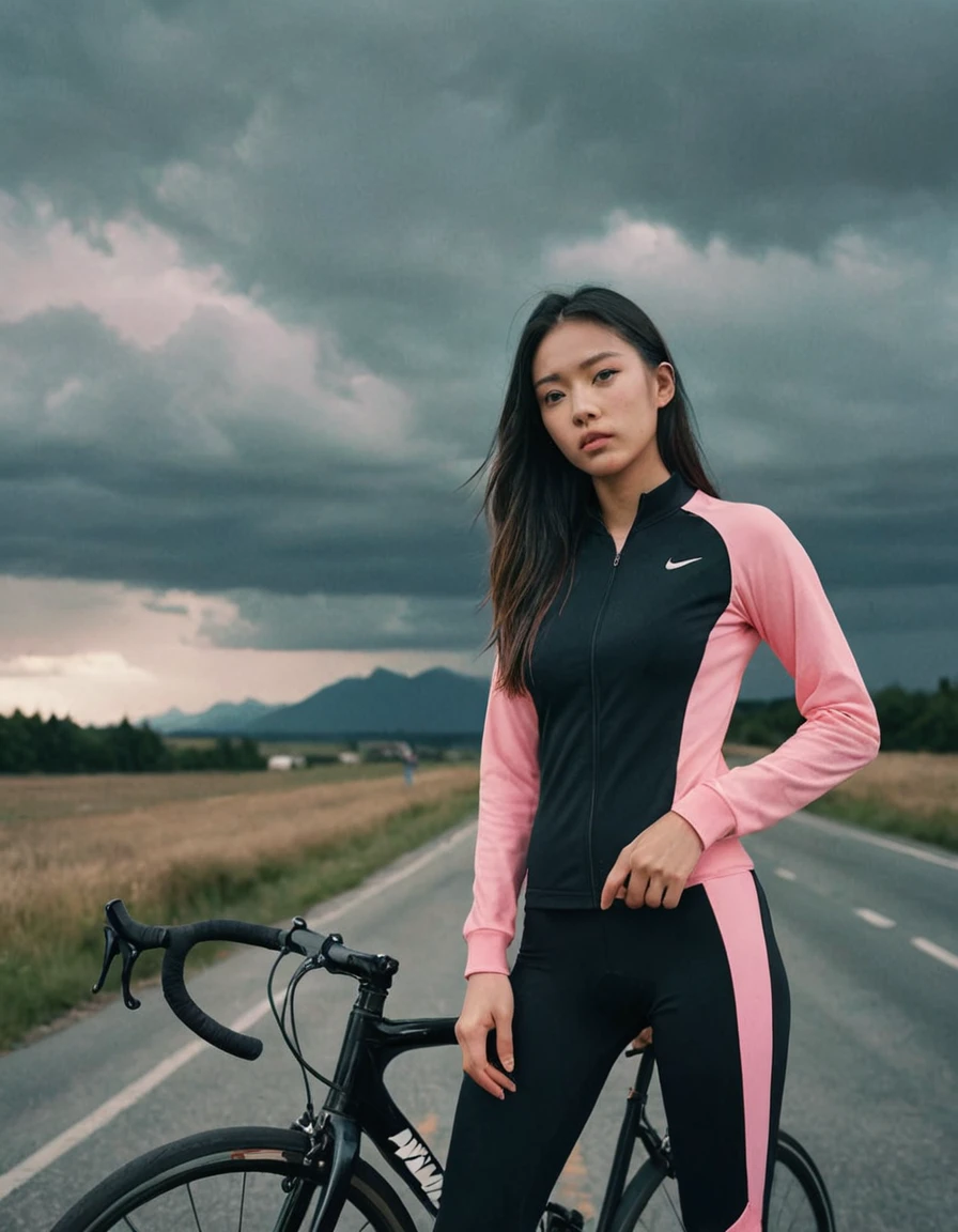 girl MagMix, big breasts, Analog film photography, codachrome, long hair, wearing a black tracksuit from Nike, standing on an empty road, Cloudy sky, the girl in the photo is from the waist up, Standing on the right, a black and pink road bike stands next to it, which is not completely visible, waist-sized bike, mountains are visible in the background