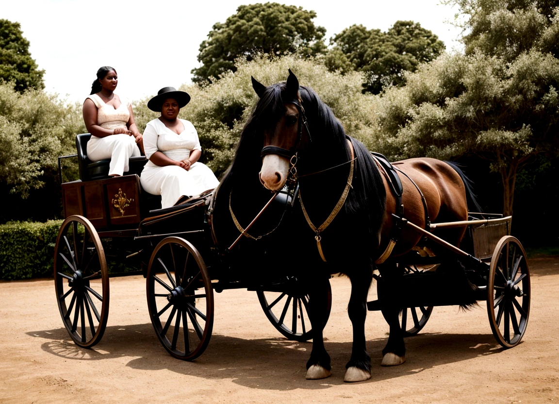 Shire horse and cart. full figured woman driving, very dark skinned woman.